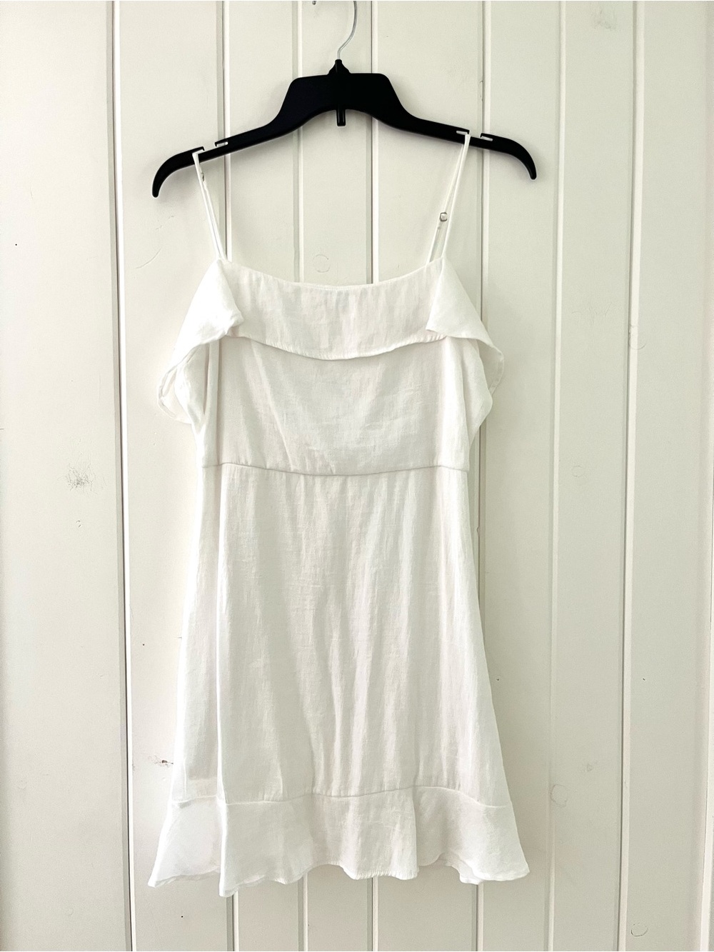 Altar’d State White Ruffle-Trim Spaghetti Strap Mini Dress, Sz L (P2P 18”)